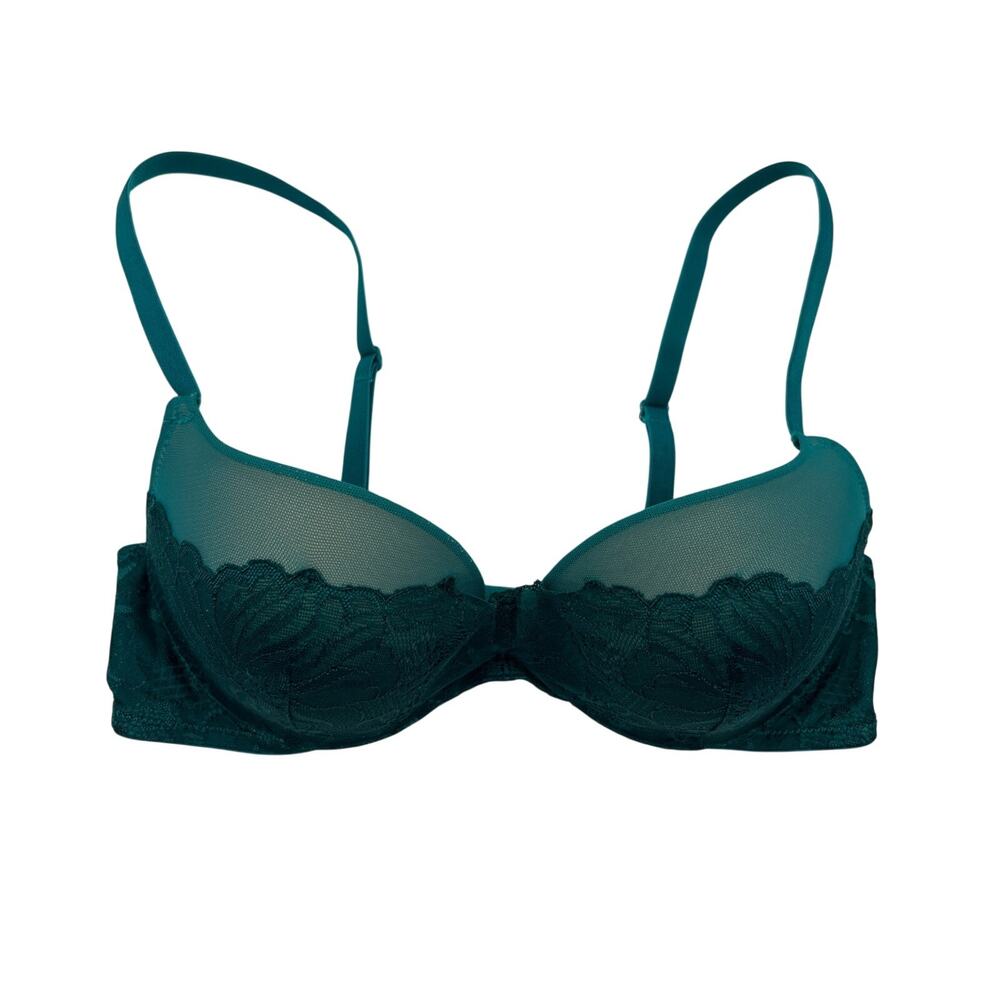 Adore Me Bra Lace Push Up Padded Demi Underwire Back Closure Teal 32C